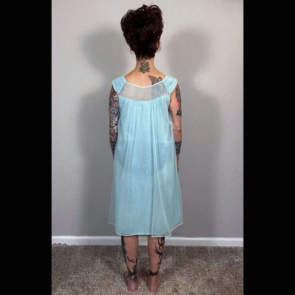 60s Bright Blue Babydoll Double Layer Lingerie Embroidered Floral Mod Pinup M L - Picture 13 of 15